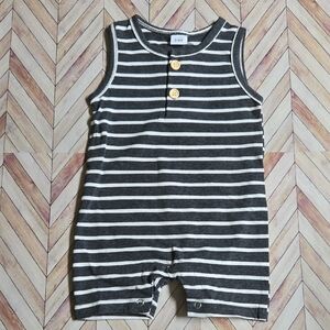 Baby Boy Girl Striped Sleeveless Romper Charcoal Gray & White Henley Sunsuit